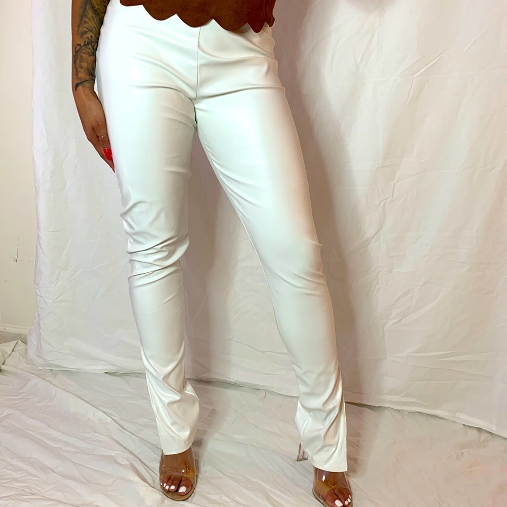 White faux leather split pants